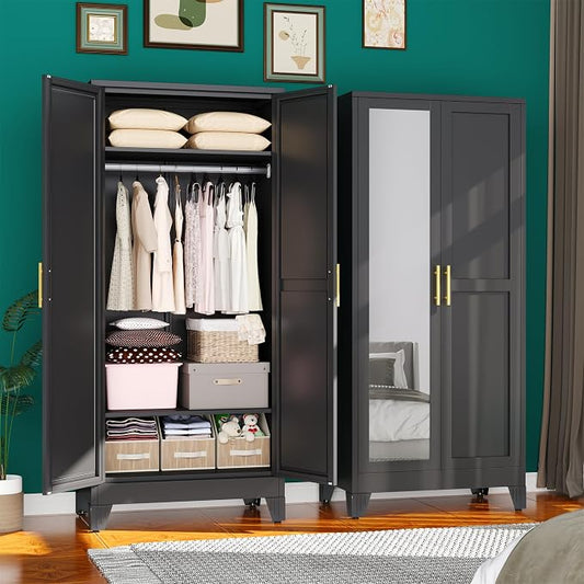 71" Metal Armoire Wardrobe Closet, Steel Clothing Storage Cabinet with Mirror and Adjustable Shelves, Household Steel Wardrobes Storage Cabinet with Adjustable Standing Feet and Hanging Rod（Black）