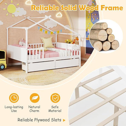 Giantex Full House Bed with Drawers, Wooden Full Size Bed Frame with Cube Storage & Fence Rails, Montessori Beds for Kids Boys Girls, Bedroom, Living Room, No Box Spring Needed, White