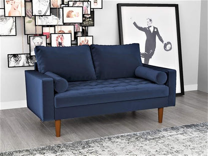 Container Furniture Direct Womble 58 Inch Velvet Loveseat Sofa with Elegant Button Tufted Upholstery, Square Arms, Splayed Wood Legs, Includes Matching Bolster Pillows, Misty Blue