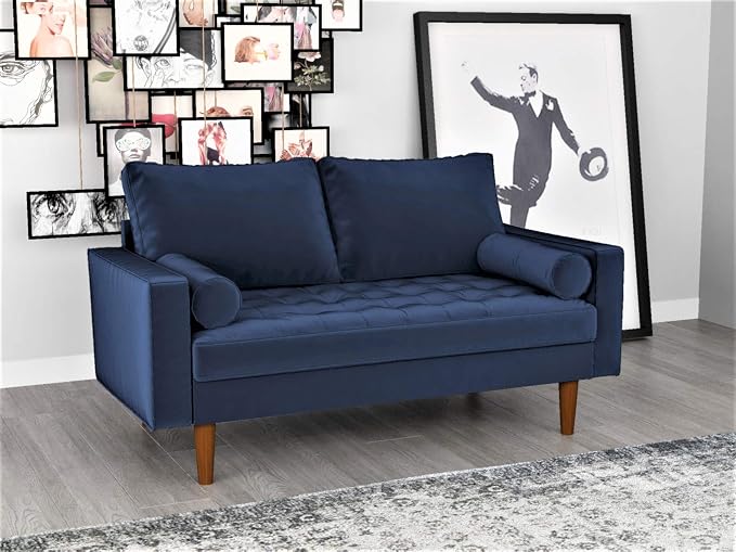 Container Furniture Direct Womble Mid Century Modern Soft Velvet Upholstered Tufted Seat with Bolster Pillows, Loveseat, Sofa, Misty Blue