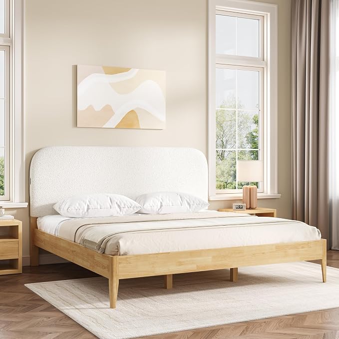 KISLOT Wood Bed Frame with USB & Type-C Charging, Boucle Platform Bed with Upholstered Headboard Mattress Foundation No Box Spring Needed Easy Assembly