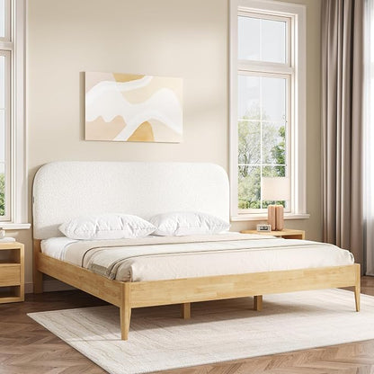 KISLOT Wood Bed Frame with USB & Type-C Charging, Boucle Platform Bed with Upholstered Headboard Mattress Foundation No Box Spring Needed Easy Assembly