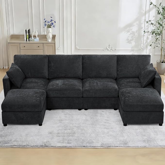 110” Chenille 4-Seats Sofa W/Two Movable Ottomans, Black | Modern Fabric U-Shaped Couch w/Soft Backrests, Upholstered Sectional Sofa w/Arm Pillows for Living Room, Office