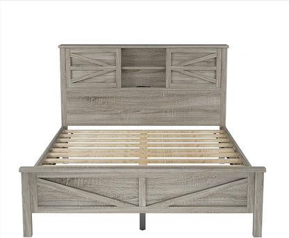Farmhouse 3-Pieces Bedroom Sets, Queen Size Platform Bed with a Nightstand and 6-drawer Storage, Wood Platform Bed with Double Sliding Door Storage Headboard and Charging Station (Antique Gray-3)
