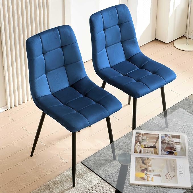 NORDICANA Navy Blue Velvet Dining Chairs Set of 4, Upholstered Tufted Kitchen Chairs, Comfortable Seat, Metal Leg, Easy Assembly