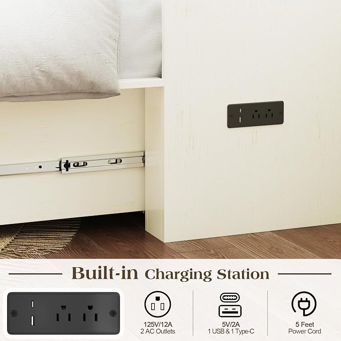 LUXOAK Twin Murphy Bed with 6" Tri-Fold Memory Foam Mattress, Storage Drawer & Charging Station, Space-Saving Design for Home Office or Guest Room, White