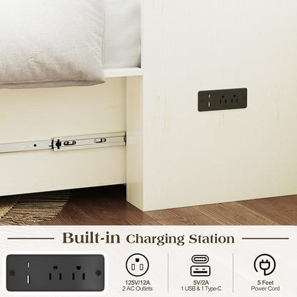 LUXOAK Twin Murphy Bed with 6" Tri-Fold Memory Foam Mattress, Storage Drawer & Charging Station, Space-Saving Design for Home Office or Guest Room, White