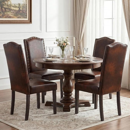 LSSBOUGHT PU Dining Chair Upholstered Parsons Kitchen Chair with Copper Nails and Solid Wood Legs for Dining Room,Restaurant (Vintage Brown, 2PCS)
