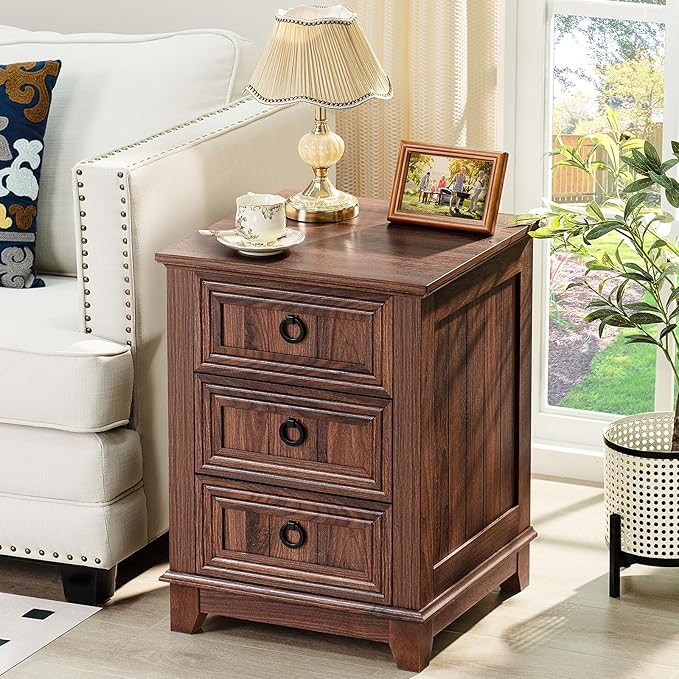 Joaxswe 18" Farmhouse Night Stand with 3 Drawers, Wood End Table Dresser for Bedroom, Retro Nightstand, Bed Side Table with Metal Handle, Bedside Cabinet for Bedroom Living Room, Closet