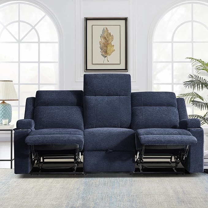GUEAPY Large Manual Reclining Sofa 3-Seater Chenille Recliner Couch with Cup Holders, Wide Seat, Easy Assembly & Spill-Resistant Fabric Cozy Reclining Sofa for Living Room, Apartment, RV, Blue