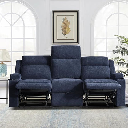 GUEAPY Large Manual Reclining Sofa 3-Seater Chenille Recliner Couch with Cup Holders, Wide Seat, Easy Assembly & Spill-Resistant Fabric Cozy Reclining Sofa for Living Room, Apartment, RV, Blue