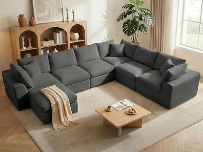 Benazcap Oversized Cloud Sectional Couches for Living Room, L-Shaped Convertible Sofa, 7-Seat Modular Boneless Couch with Movable Ottoman, Darkgrey