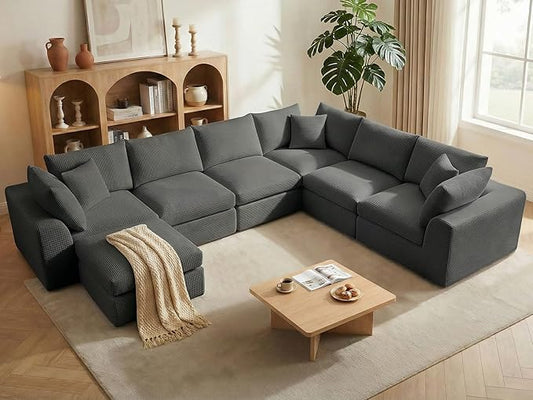 Benazcap Oversized Cloud Sectional Couches for Living Room, L-Shaped Convertible Sofa, 7-Seat Modular Boneless Couch with Movable Ottoman, Darkgrey
