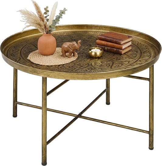 HOMCOM 24" Round Coffee Table with Hammered Tray Top, Vintage Metal Center Table for Living Room, Bedroom, Side Table, Gold
