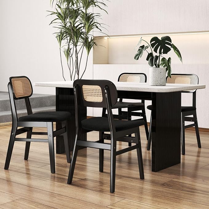 ROCITY Black Rattan Dining Chairs Set of 4 Lambswool Dining Room Chairs Natural Wooden Kitchen Chairs Farmhouse Boho