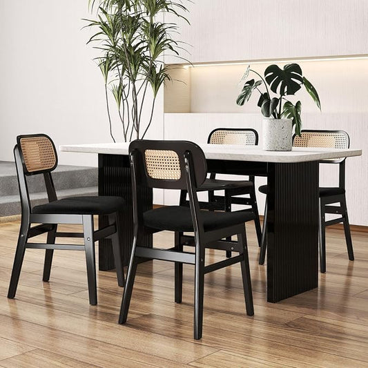ROCITY Black Rattan Dining Chairs Set of 4 Lambswool Dining Room Chairs Natural Wooden Kitchen Chairs Farmhouse Boho