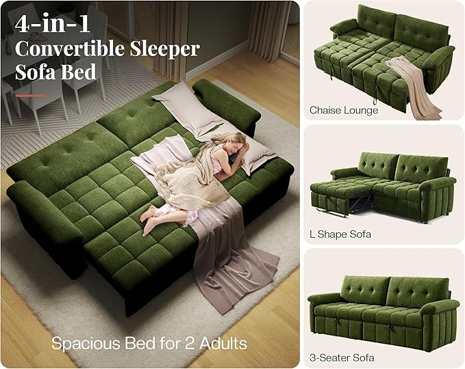 Jocisland 93” 4-in-1 Convertible Sofa Bed, Full Size Cloud Sleeper Sofa, Tufted Chenille, 5-Position Adjustable Backrest, 10-Minute Tool-Free Assembly, Couches for Living Room Guest Room, Green