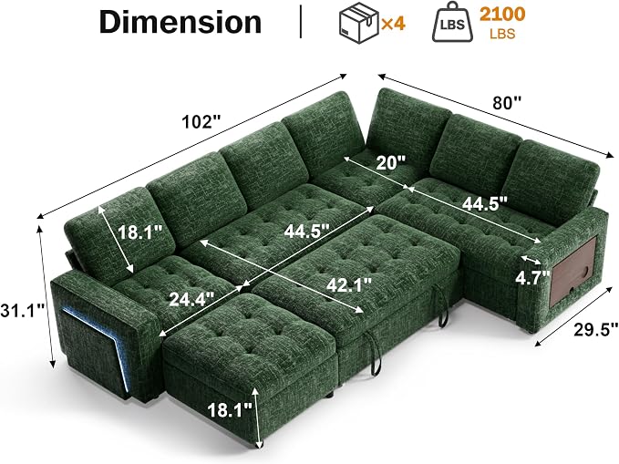 Vipbear 7 Seat L Shaped Modular Sectional Sleeper Sofa Bed with Ottoman/Pull Out Bed/Reclining Backrest/USB Ports/Table/LED Light/Storage Seat, Tool-Free Assembly, Chenille Green