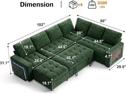 Vipbear 7 Seat L Shaped Modular Sectional Sleeper Sofa Bed with Ottoman/Pull Out Bed/Reclining Backrest/USB Ports/Table/LED Light/Storage Seat, Tool-Free Assembly, Chenille Green