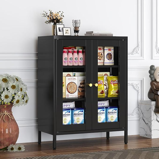 Metal Bathroom Glass Storage Cabinet with 2 Doors & Adjustable Shelves, 25" Black Multipurpose Office Cabinet for Dining Room, Kitchen