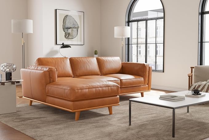 Valencia Artisan Full Leather Sofa - Pure Full Italian Nappa Leather Couch, Solid Wood Accent, Ultimate Comfort (Cognac, Left Chaise Sectional)