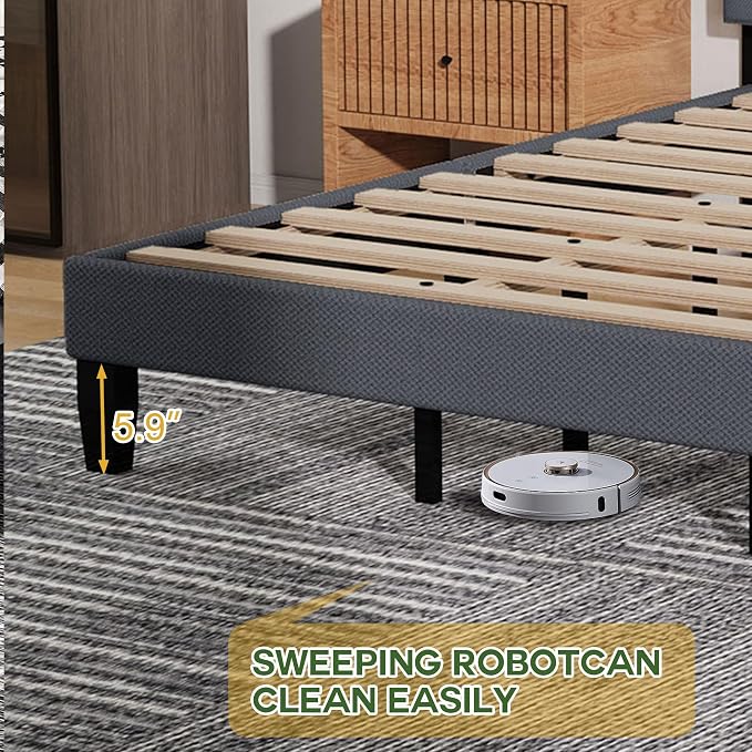 Queen Size Bed Frame with Headboard, Platform Bed with Soft Linen Upholstered Headboard | Wooden Slats Support | Adjustable Height | No Box Spring Needed, Queen Bed Frame Grey