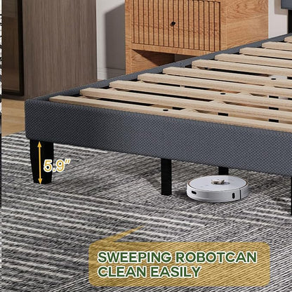 Queen Size Bed Frame with Headboard, Platform Bed with Soft Linen Upholstered Headboard | Wooden Slats Support | Adjustable Height | No Box Spring Needed, Queen Bed Frame Grey