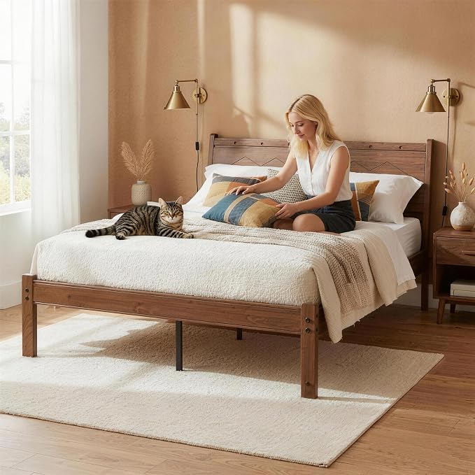RLDVAY Walnut Full Size Bed Frame, Bed Frame Full 14" Height, Heavy Duty Bamboo Wood Full Bed Frame with Headboard, Under Bed Storage, No Box Spring Needed, Easy Assembled Bedroom Platform Bed