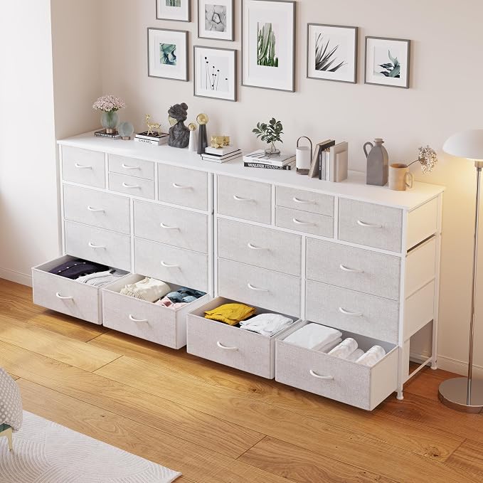 LUMTOK 10-Drawer Dresser, Fabric Storage Tower with Drawers for Bedroom, Dresser Drawer with Handle for Bedroom, Living Room, Hallway, Closets & Nurseryteel Frame, Wood Top (Light Grey)