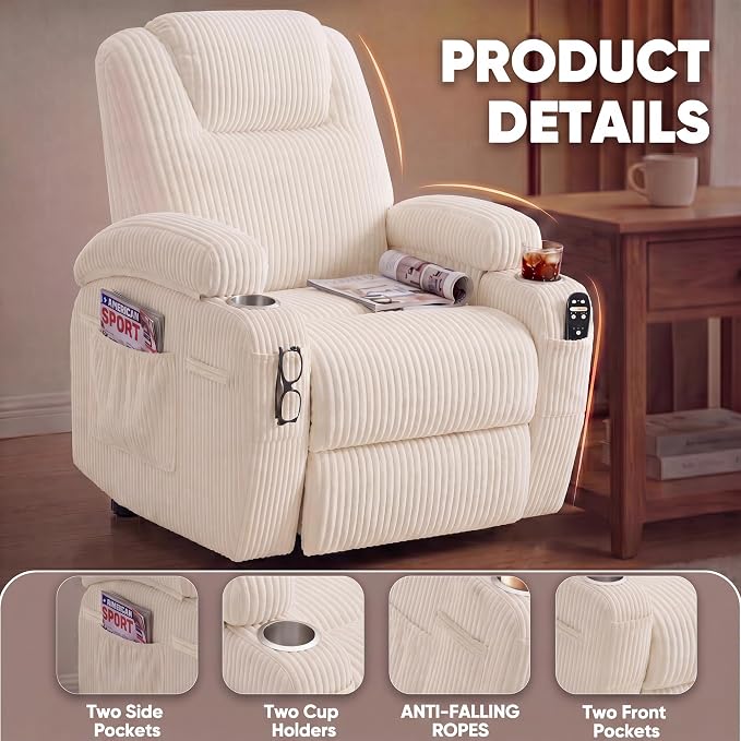 Flamaker Power Lift Chair Massage Recliner Chairs for Elderly, Corduroy Ergonomic Design with Cup Holders & Side Pockets, Remote Control (White)