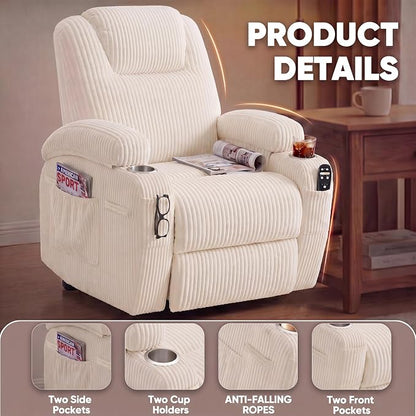 Flamaker Power Lift Chair Massage Recliner Chairs for Elderly, Corduroy Ergonomic Design with Cup Holders & Side Pockets, Remote Control (White)