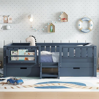 Bellemave Twin Floor Bed with Stairs, Rails and Slats, Twin Size Montessori Floor Bed with Bookshelf and 2 Storage Drawers, Easy Assemble Montessori Beds Frame for Girls, Boys, Blue