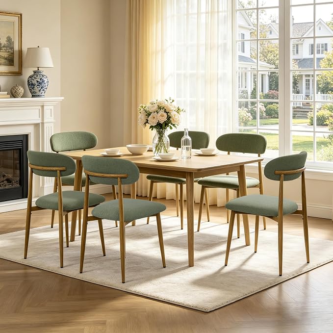 FREKEN Modern Upholstered Dining Chairs Set of 6, Mid-Century Metal Frame with Wood Grain, Linen Fabric Side Chair for Kitchen Dining Room, 350lbs Capacity, Green