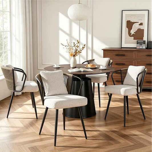Rope Weaving Dining Chairs Set of 4, Modern Rattan Upholstered Kitchen Chair with Metal Legs, Ergonomic Curved Backrest, Living Room Chairs with Throw Pillow for Kitchen, Brown