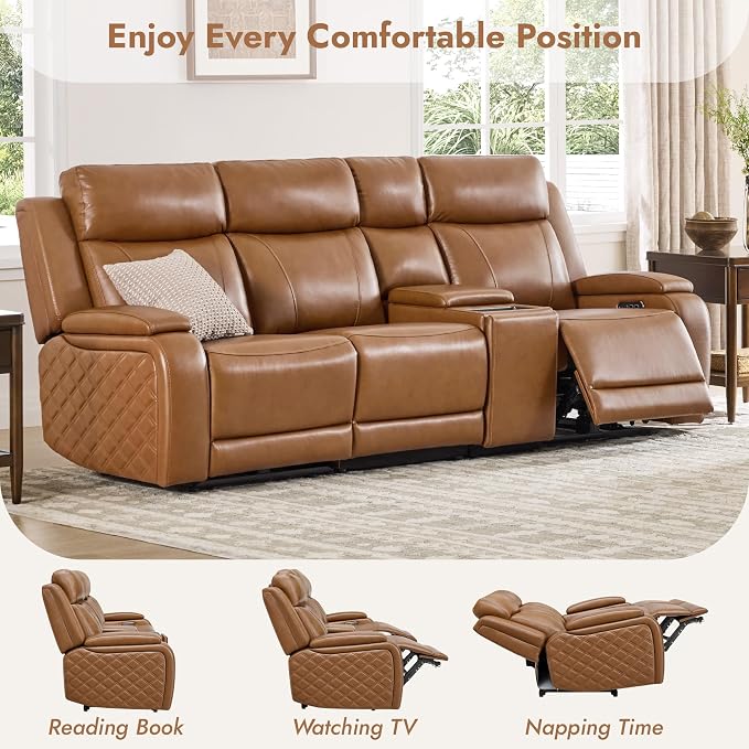 Watson & Whitely Genuine Leather Power Recliner Sofa with Console, 3 Seater Zero Gravity Reclining Sofa with Power Headrest & Flip Middle Backrest Table, Cup Holders for Living Room, Saddle Brown