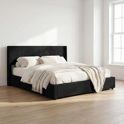 Garvee Full Lift Up Storage Bed Frame, Corduroy Upholstered Platform Bed with Gas Lift, Padded Headboard, Wooden Slat Support, No Box Spring Needed, Easy Assembly, Black