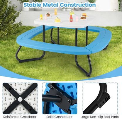 Costzon Kids Picnic Table, 8 Person Kids Outdoor Table and Chairs with Foldable & Adjustable Umbrella, 4 Built-in Benches, Toddler Outdoor Furniture for Backyard, Patio, Garden (Blue)