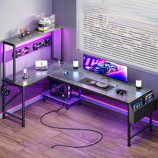 PRAISUN L Shaped Gaming Desk with LED Lights & Power Outlets, Reversible Computer Desk with Storage Shelves & Bag, Large Corner Home Office Desk with Pegboard for Work from Home, Grey