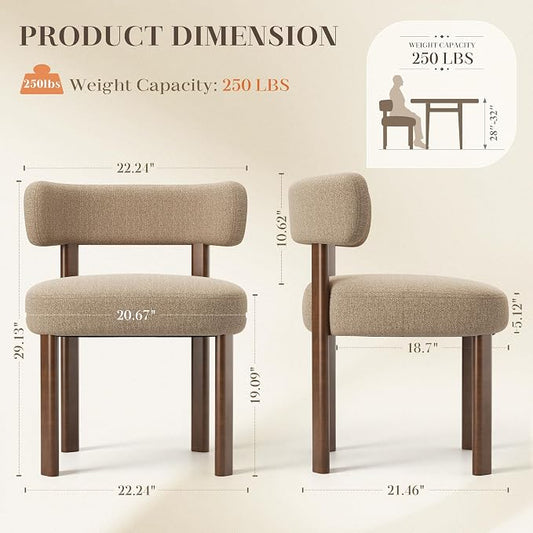 Wooden Dining Chairs Set of 2, Upholstered Kitchen Chairs with Solid Wood Legs, Mid Century Dining Room Chair with Ergonomic Curved Backrest for Kitchen Dining Vanity, Camel