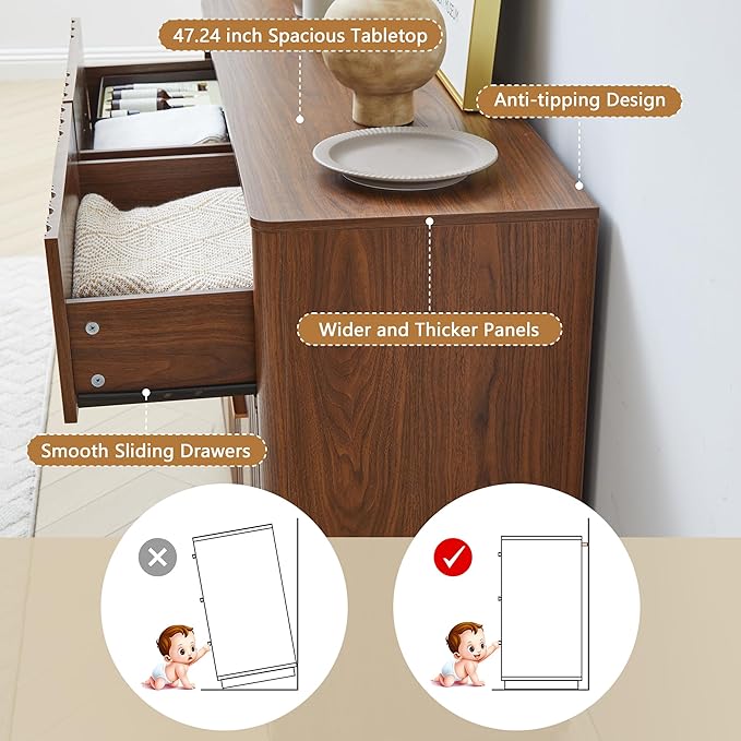 Fluted Double Dresser for Bedroom with 6 Drawers, 47" Wide Modern Chest of Drawers with Curved Profile Design, Wood Closet Clothes Storage Organizer Dresser TV Stand for Living Room, Hallway, Walnut