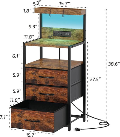 SZLHANJZ Night Stand, Nightstand with Charging Station, 3 Drawers Night Stand with Storage and LED Lights, 3 Shelves and Hooks, End Side Table for Bedroom, Rustic Brown