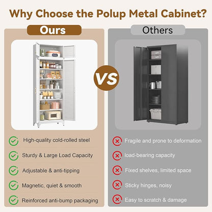 Polup Kitchen Pantry Cabinet, 90" Tall Metal Storage Cabinet, Food Pantry cabinets with Doors and Shelves, Steel Cabinets for Living Room, Dining, White,16" D x 32" W x 90" H, Assembly Required