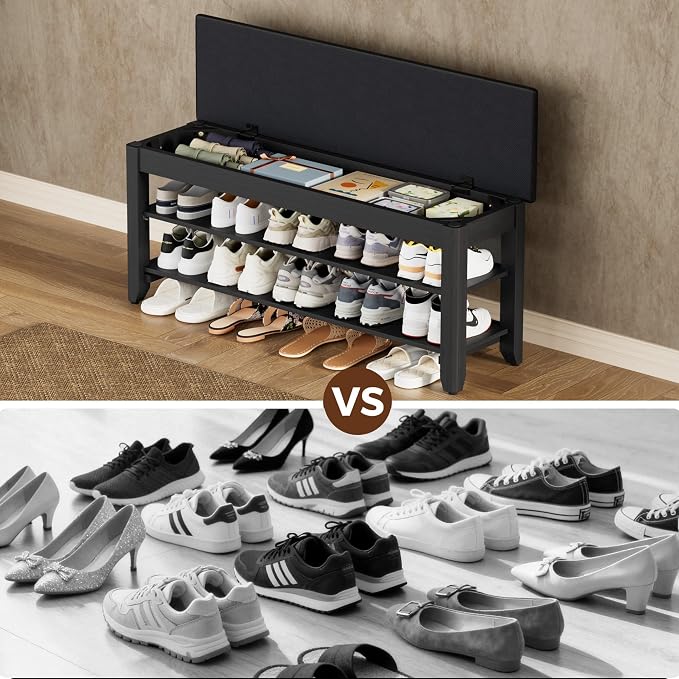 Homleke 2-Tier Solid Wood Shoe Rack Bench with Flip-Top Storage | Entryway Bench with Cushion, Adjustable Shelf, Holds Up to 10 Pairs, for Hallway, Bedroom and Closet, Black, 39.4 Inch