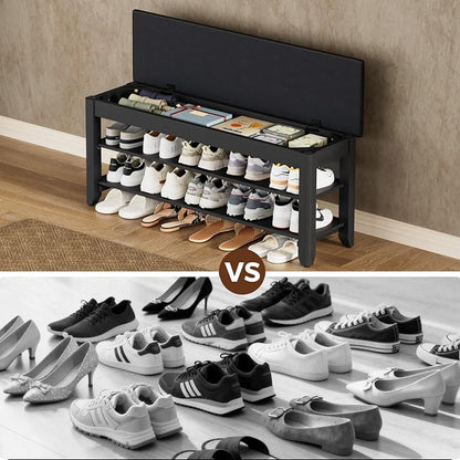 Homleke 2-Tier Solid Wood Shoe Rack Bench with Flip-Top Storage | Entryway Bench with Cushion, Adjustable Shelf, Holds Up to 10 Pairs, for Hallway, Bedroom and Closet, Black, 39.4 Inch