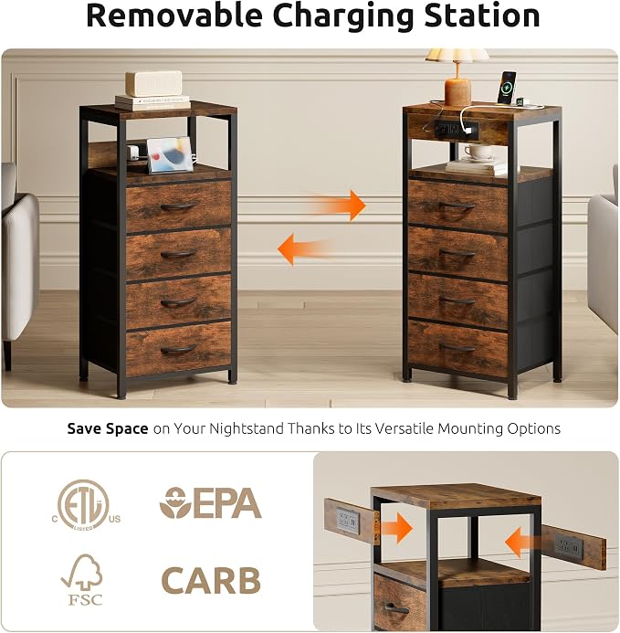 Lazzanto NightStand Bedside Charging Table Bedroom - Night Stand with Charger Station, Modern Nightstand with Open Shelf & 4 Fabric Drawers, Bed Side Table with USB-C USB Ports & AC Outlets for Dorm