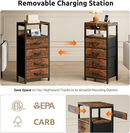 Lazzanto NightStand Bedside Charging Table Bedroom - Night Stand with Charger Station, Modern Nightstand with Open Shelf & 4 Fabric Drawers, Bed Side Table with USB-C USB Ports & AC Outlets for Dorm