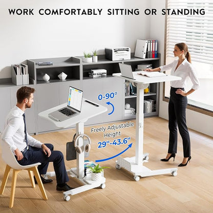 BONTEC Mobile Standing Desk Adjustable Height, Rolling Laptop Cart with Storage Shelf, Hooks, Portable Workstation with Pneumatic Lift, Ergonomic Compact Home Office Desk, White 23.6" x 20.5"