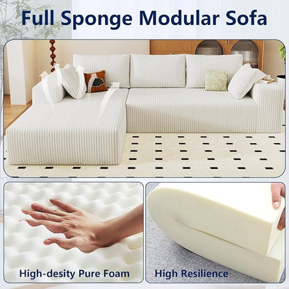 96" Modular Sectional Sofa, Modern Corduroy Cloud Couch with Deep Seat, Boneless Couch Upholstered 3-Seater L-Shaped Sofa for Living Room, No Assembly Required (White, Left-Facing Chaise)