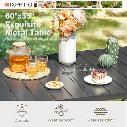 MIXPATIO 7 Pieces Outdoor Patio Dining Set, Rectangular Metal Patio Table with Umbrella Hole, 6 x Swivel Rope Rattan Chairs with 3.2" Cushion for Yard, Porch, Beige