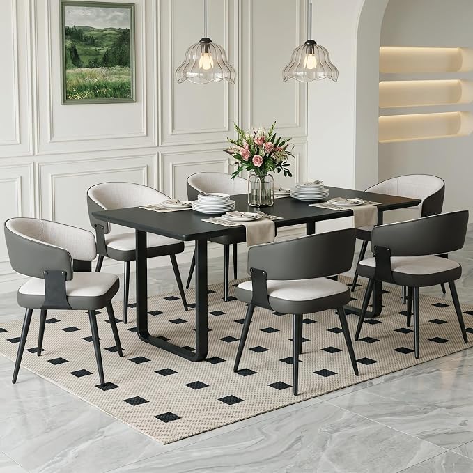 Dining Chairs Set of 6, Modern Upholstered Kitchen & Dining Room Chairs with Breathable Woven Fabric and Faux Leather Accents, Curved Open Back & Metal Legs (Beige Woven, Set of 6)